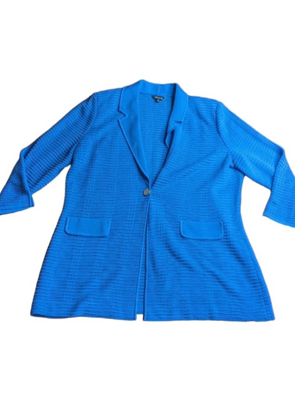 Misook Women Blue Ribbed Knit Button Front Blazer Faux Pockets Size Large